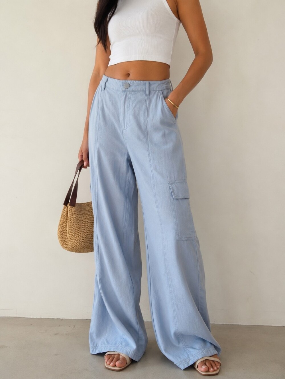 Sincerely Jules Light Blue Linen Blend Cargo Wide Leg Pants Size Small - Picture 2 of 13